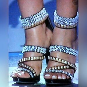 Bebe Rhinestone/Studded multi strap sandal. Zip back